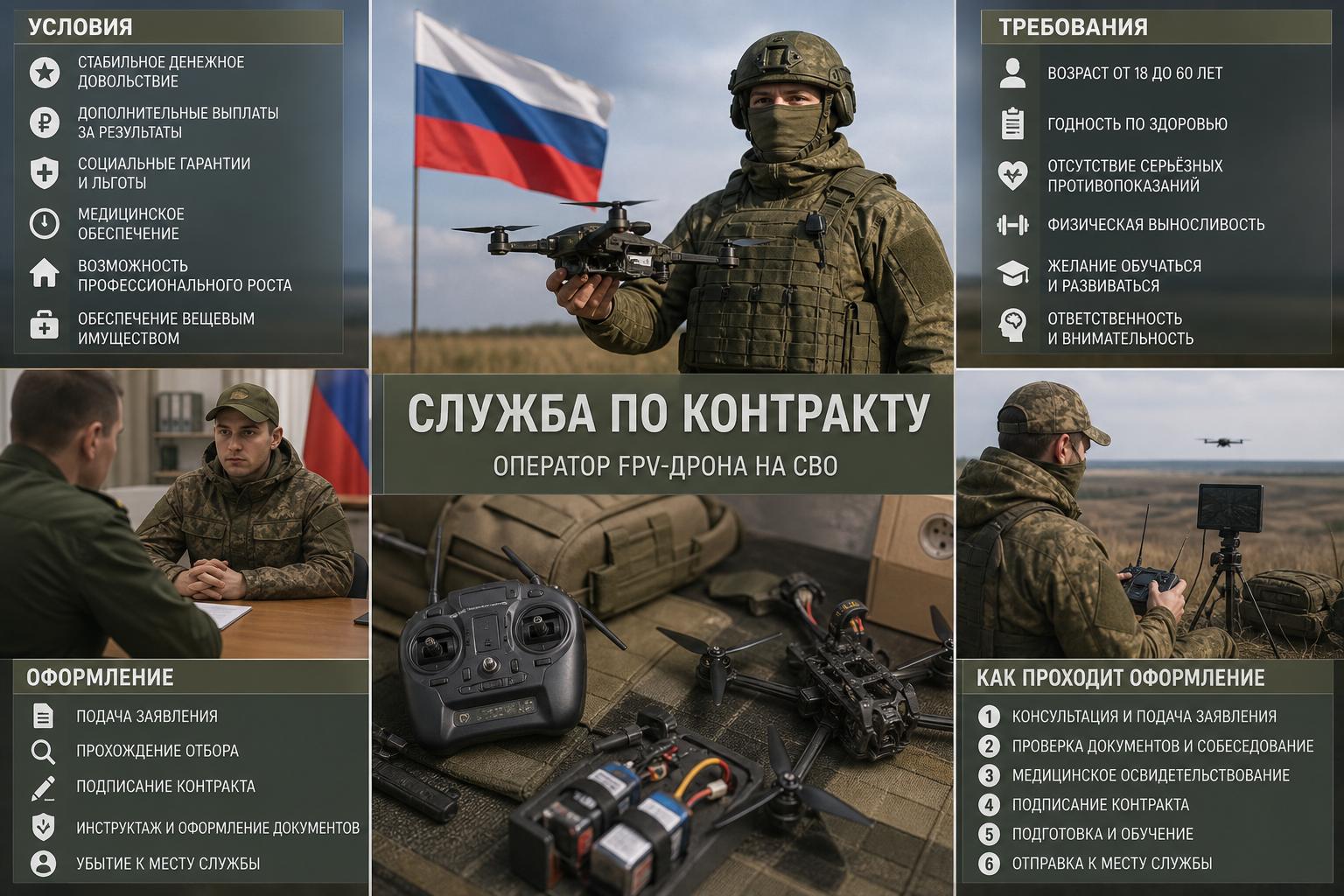 Служба по контракту: оператор FPV-дрона на СВО — условия, требования и оформление. Как проходит оформление Служба по контракту: оператор FPV-дрона на СВО — условия, требования и оформление. Как проходит оформление